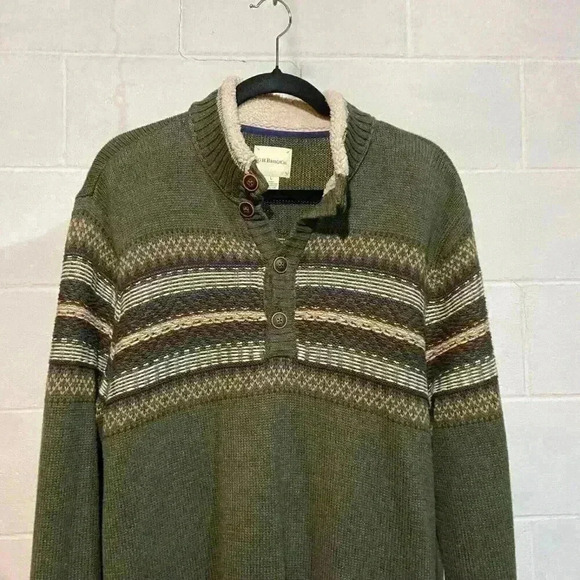 G.H. Bass & Co Men 1/4 Button Sweater LARGE Forest Green Striped Pullover Winter - Picture 2 of 6